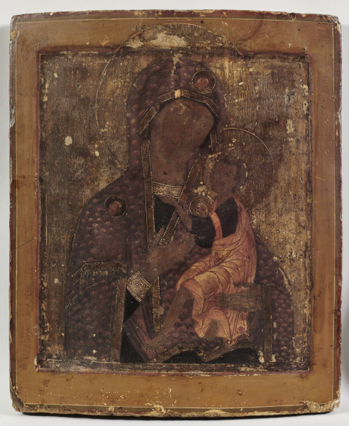 ikona z wizerunkiem Bogurodzicy Eleusy w półpostaci, z Dzieciątkiem po prawej stronie, przytulonym do policzka Marii, odzianej w szaty zdobione obłokami, z trzema wizerunkami Archaniołów w medalionach, na obrzeżu szat wypisane story hymnu