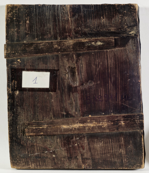 : ikona w okładzie, z wizerunkiem Bogurodzicy Eleusy w półpostaci, z Dzieciątkiem po lewej stronie, przytulonym do policzka Marii i obejmującym ją za szyję, odzianym w długie szaty, stopy bose.