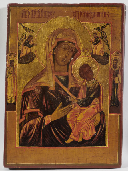 ikona Bogurodzicy Hodigitrii Pasyjnej [Bogurodzicy Nieustającej Pomocy] z Dzieciątkiem po prawej stronie, z adorującymi aniołami; na bocznych pasach bordiury przedstawienia Anioła Stróża i św. Sawacjusza; przedstawienie opisane cyrylicką inskrypcja na górnym pasie bordiury