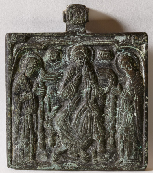 ikona w formie odlanej z brązu plakiety - zawieszki, z reliefowym wizerunkiem Deesis na licu i Mandylionu na górnej przewleczce