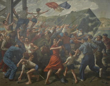 obraz - ujęcie z przodu; Tematem obrazu były wydarzenia z tytułowego dnia, kiedy w południowofrancuskim porcie podczas antyrządowych strajków robotnicy zatopili broń, mającą służyć kapitalistycznej racji stanu w zimnowojennych sporach. Obraz jest monumentalny.