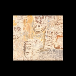 Abstrakcyjny obraz reliefowy wykonany przy użyciu metalowych elementów i siatek o oczkach różnych kształtów, grubości, wielkości i gęstości naklejonych na płótno bądź wciśniętych w masę gipsową. Całość kompozycji, w kolorach biało-szaro-rdzawo-brązowym z nielicznymi błękitnymi plamkami, otoczona jest dwoma drewnianymi ramami, stanowiącymi integralną cześć pracy. Zewnętrzna ciemno-brązowa rama ma szerokość 1 cm. Wewnątrz znajduje się druga, szeroka na 4 cm, pomalowana na biało. Obie z licznymi przetarciami i odpryskami farby.