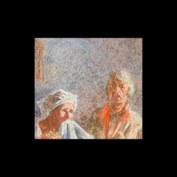 We wnętrzu chaty przedstawiono postaci kobiet i mężczyzn w strojach ludowych, zgrupowane według prostego stołu, przesuniętego nieznacznie w prawo od pionowej osi obrazu. Na pierwszym planie postać siedzącej kobiety przy stole i dwóch mężczyzn naprzeciw siebie, dłoń jednego z nich i kobiety na stole - obie przykryte tkaniną. Za stołem stojąca kobieta z chustą przy ustach i mężczyzna z kropidłem; po lewej stronie obrazu grupa stojących kobiet i widoczne za nimi głowy dwóch mężczyzn w kapeluszach - jeden z nich z instrumentem muzycznym (skrzypcami?); po prawej stronie obrazu trzy sylwetki kobiet, stojąca najbliżej stołu okryta kraciastą chustą; za nimi, w głębi widoczny fragment otwartych drzwi, na ścianie w głębi, po lewej trzy zawieszone obok siebie obrazy.